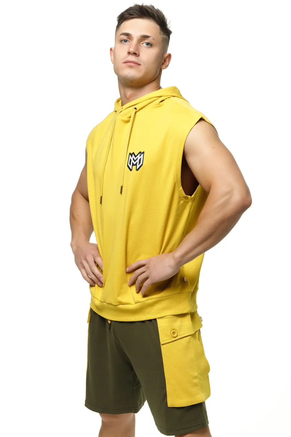 Marcuse Zaiden sleeveless hoodie tank top in bright yellow with black and white logo on the chest