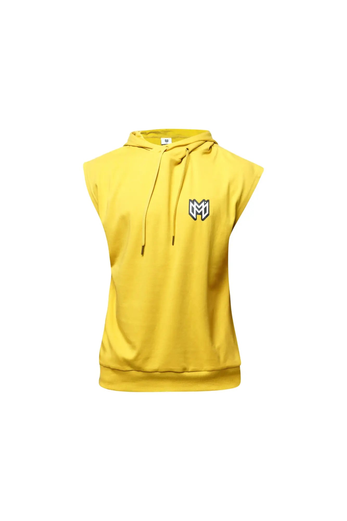 Marcuse Zaiden bright yellow sleeveless hoodie tank top with black and white logo on the chest in lightweight fabric