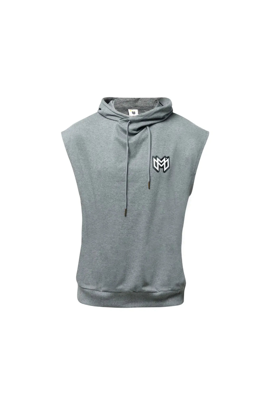 Marcuse Zaiden gray sleeveless hoodie tank top with drawstring hood and black embroidered logo on the chest