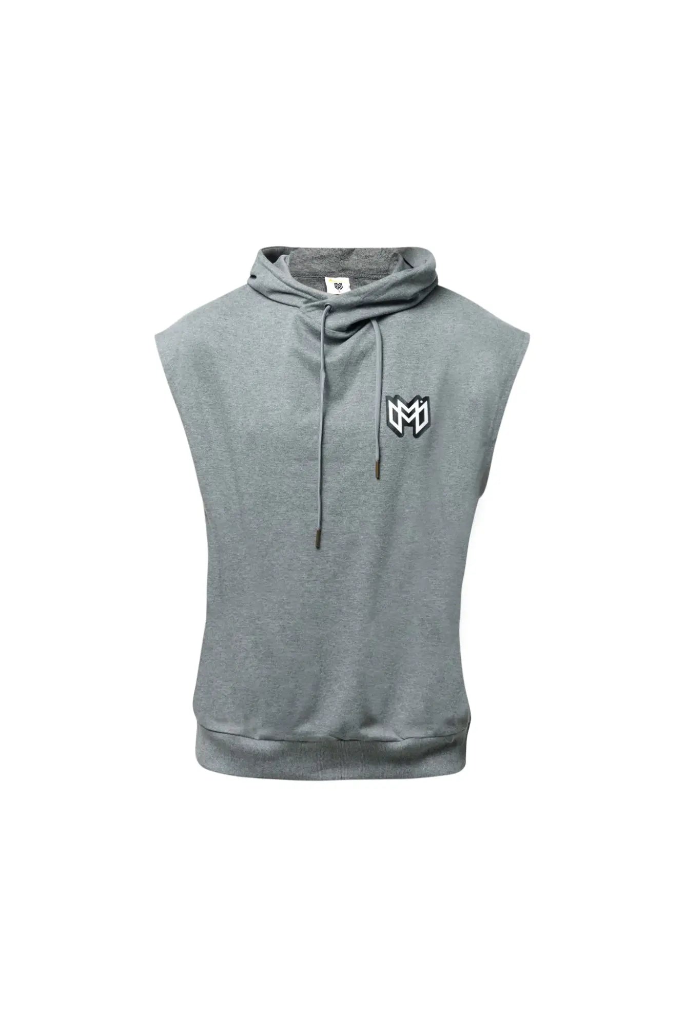Marcuse Zaiden gray sleeveless hoodie tank top with drawstring hood and black embroidered logo on the chest