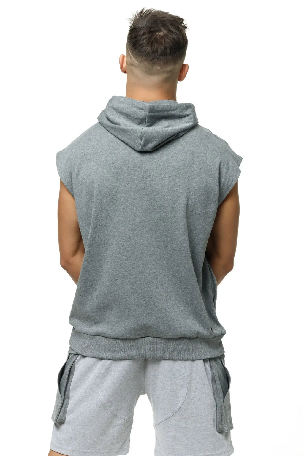 Marcuse Zaiden hoodie tank top in gray sleeveless design with soft heathered texture and drawstring hood
