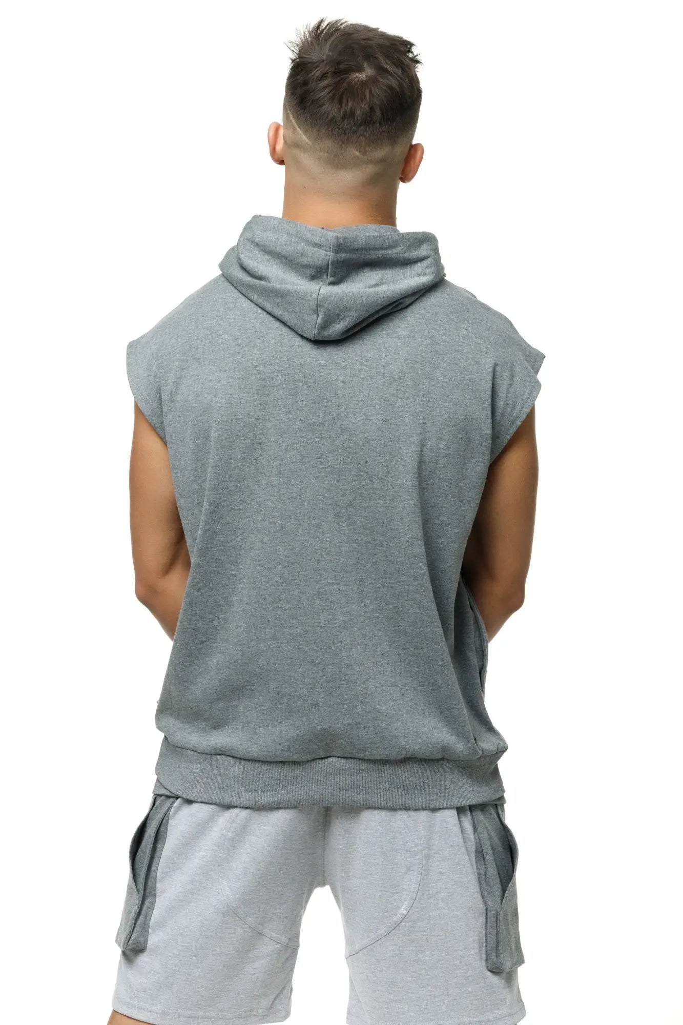 Marcuse Zaiden hoodie tank top in gray sleeveless design with soft heathered texture and drawstring hood