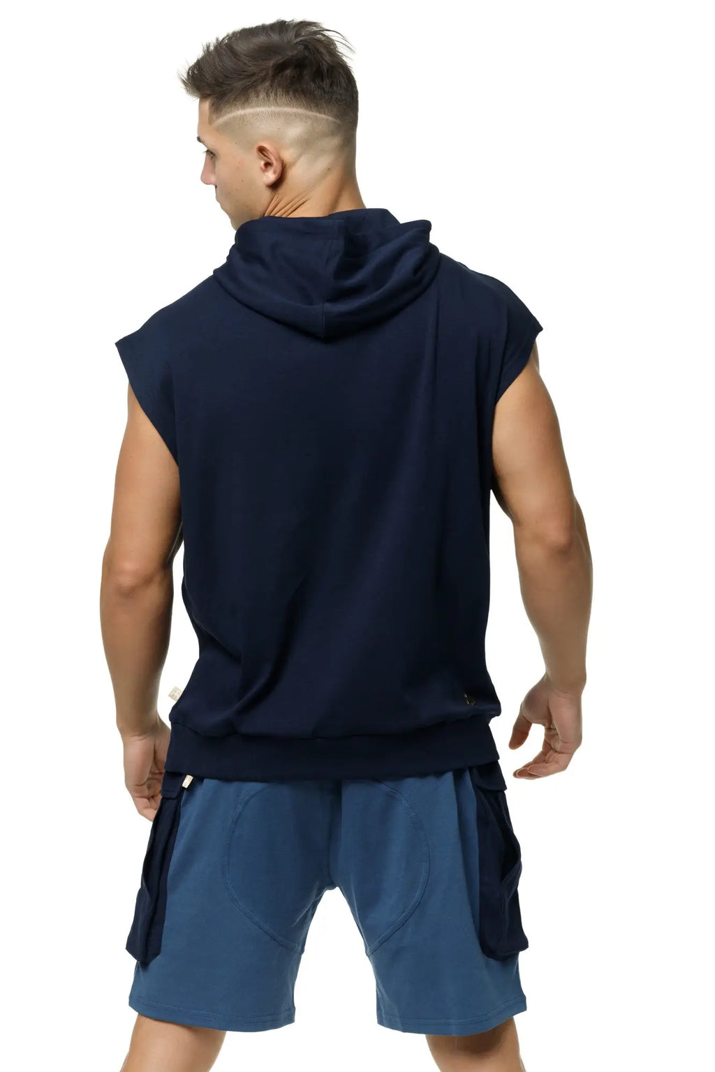 Navy blue Marcuse Zaiden sleeveless hoodie tank top with hood and side pockets in soft breathable fabric