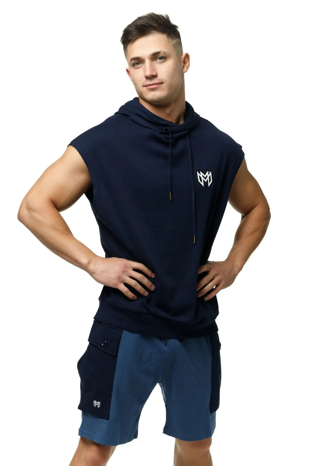 Marcuse Zaiden navy blue sleeveless hoodie tank top with white logo chest and drawstring hood in soft fabric