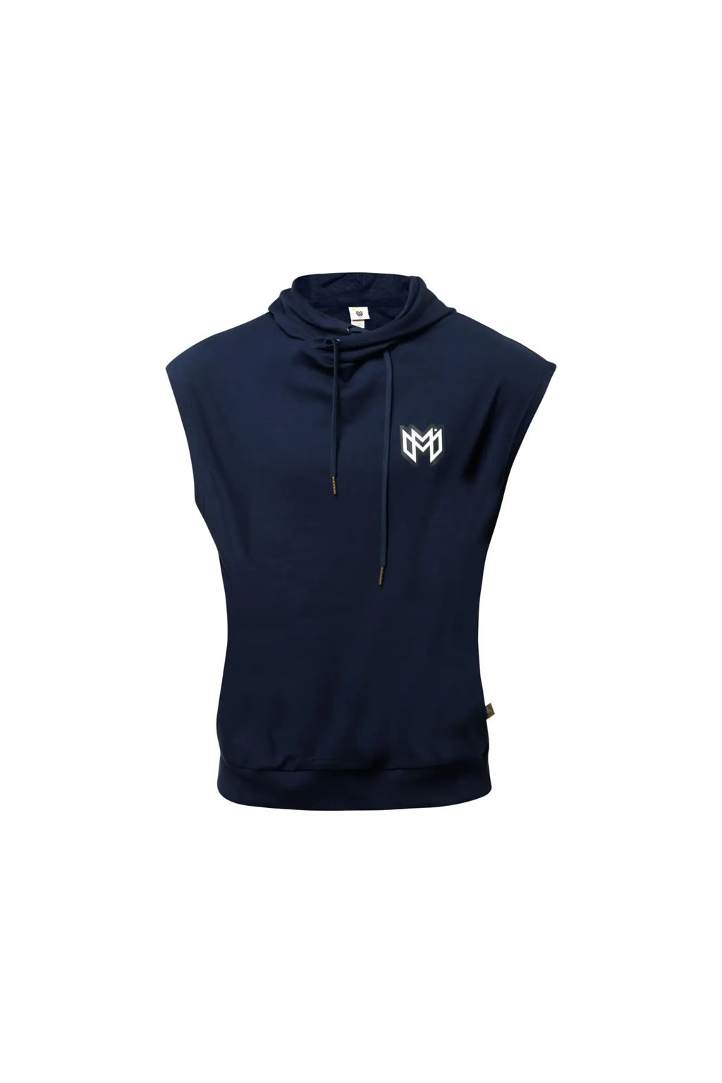 Navy blue sleeveless Marcuse Zaiden hoodie tank top with white chest logo and adjustable drawstrings