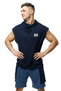 Navy blue sleeveless Marcuse Zaiden hoodie tank top with white chest logo made of soft breathable fabric