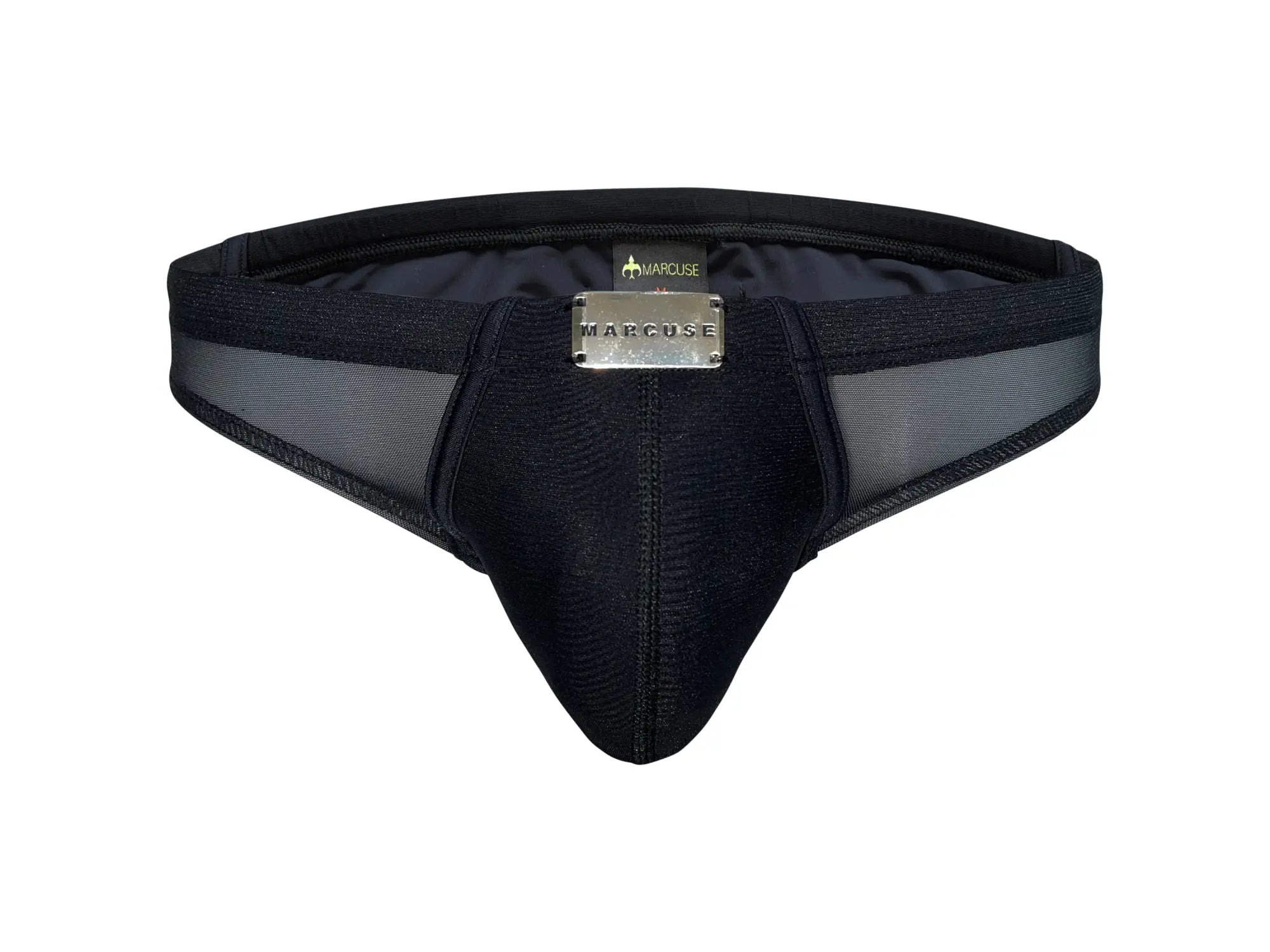 Black mesh and fabric marcuse zenith bikini swimwear briefs with a silver marcuse metal plaque on front panel