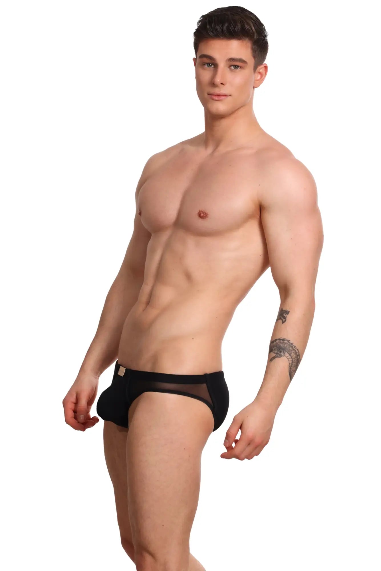 Marcuse Zenith bikini swimwear black mesh briefs with a solid black waistband showing the front side