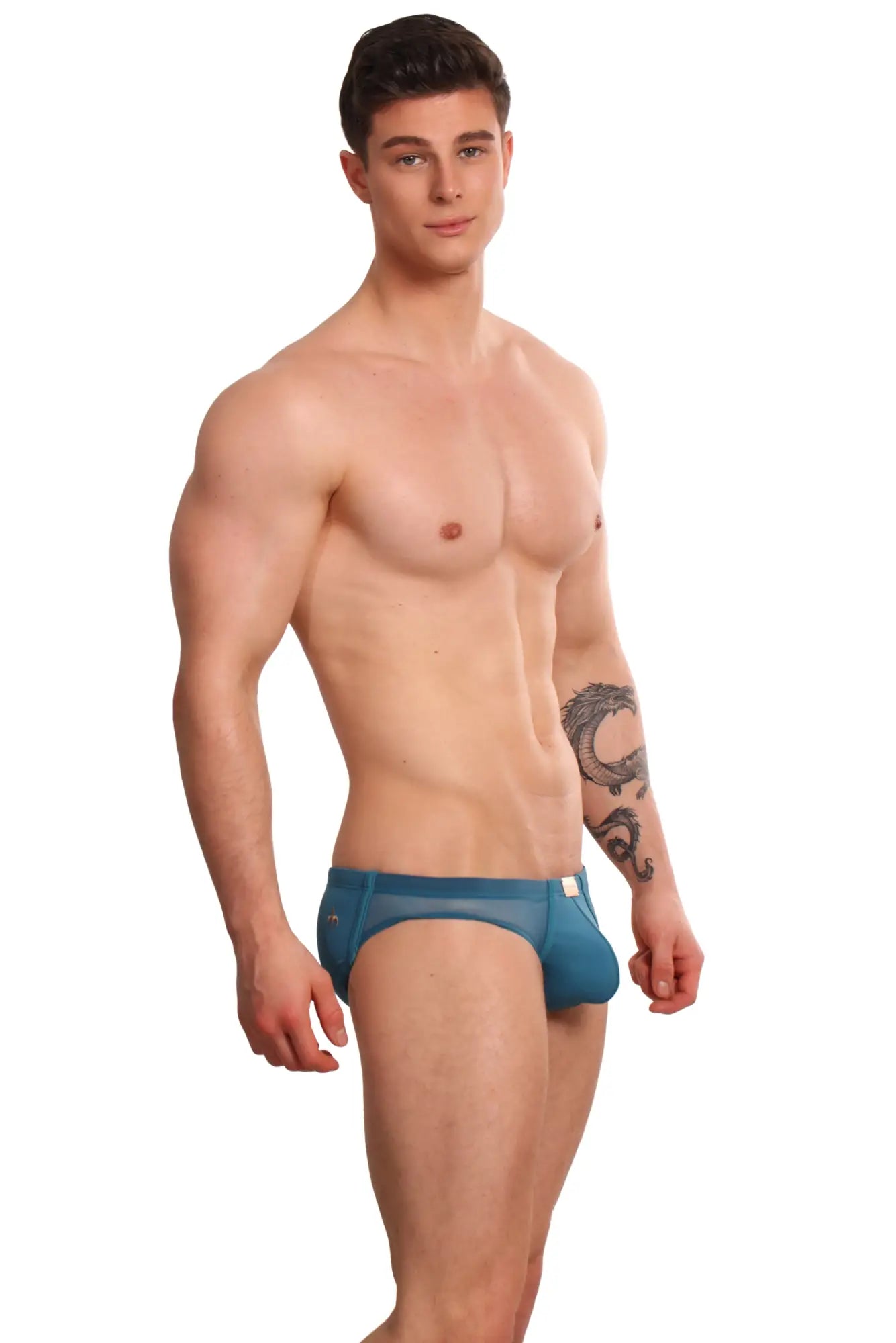 Marcuse Zenith bikini swimwear featuring blue mesh briefs with a solid blue waistband for a stylish beach look
