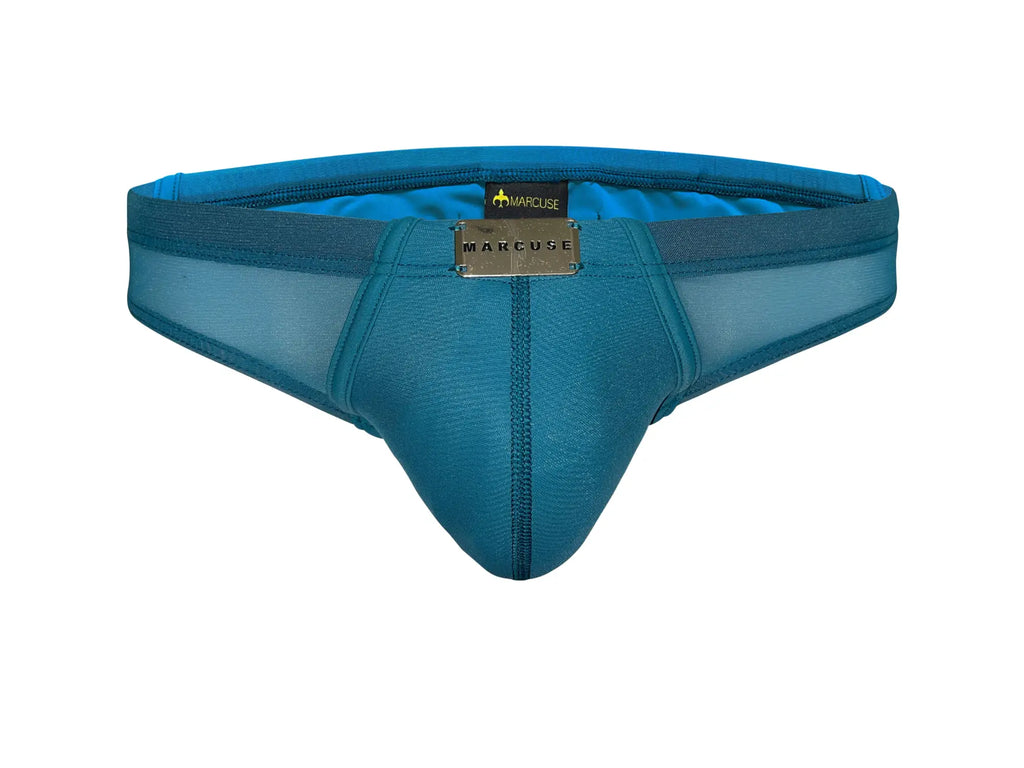 Teal blue mesh and leather-trimmed marcuse zenith thong bikini swimwear with metallic marcuse brand plaque