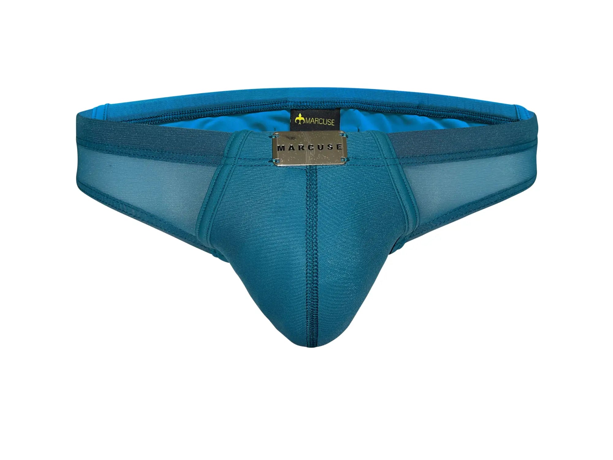 Teal blue mesh and leather-trimmed marcuse zenith thong bikini swimwear with metallic marcuse brand plaque