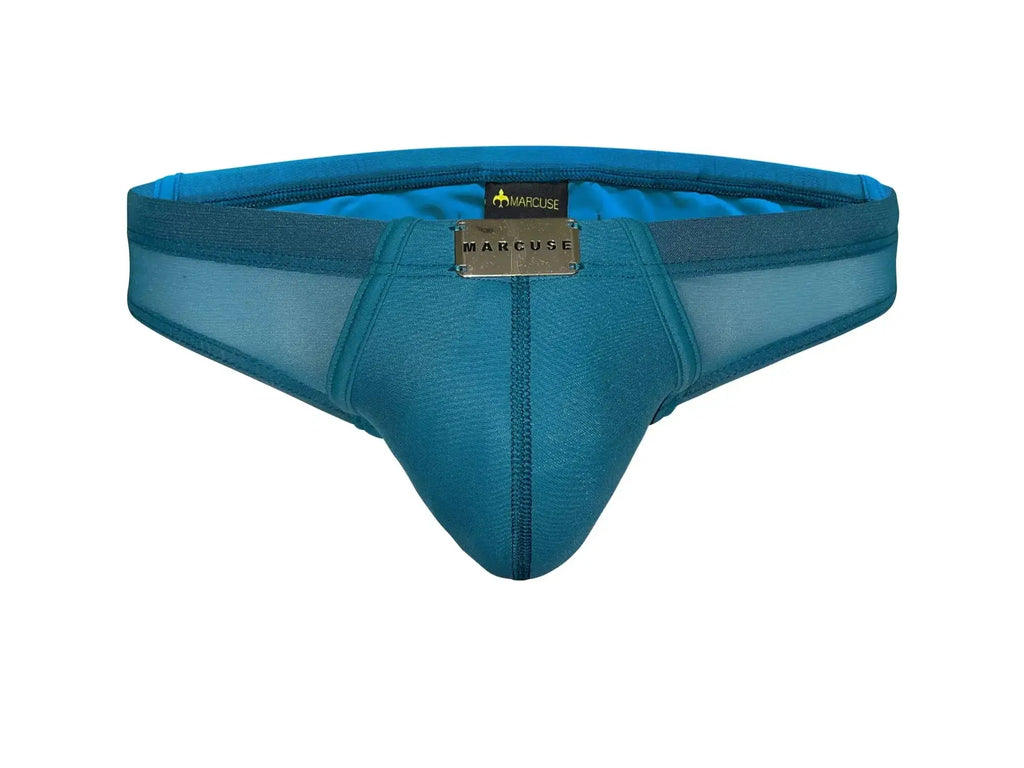Teal blue mesh and leather-trimmed marcuse zenith thong bikini swimwear with metallic marcuse brand plaque