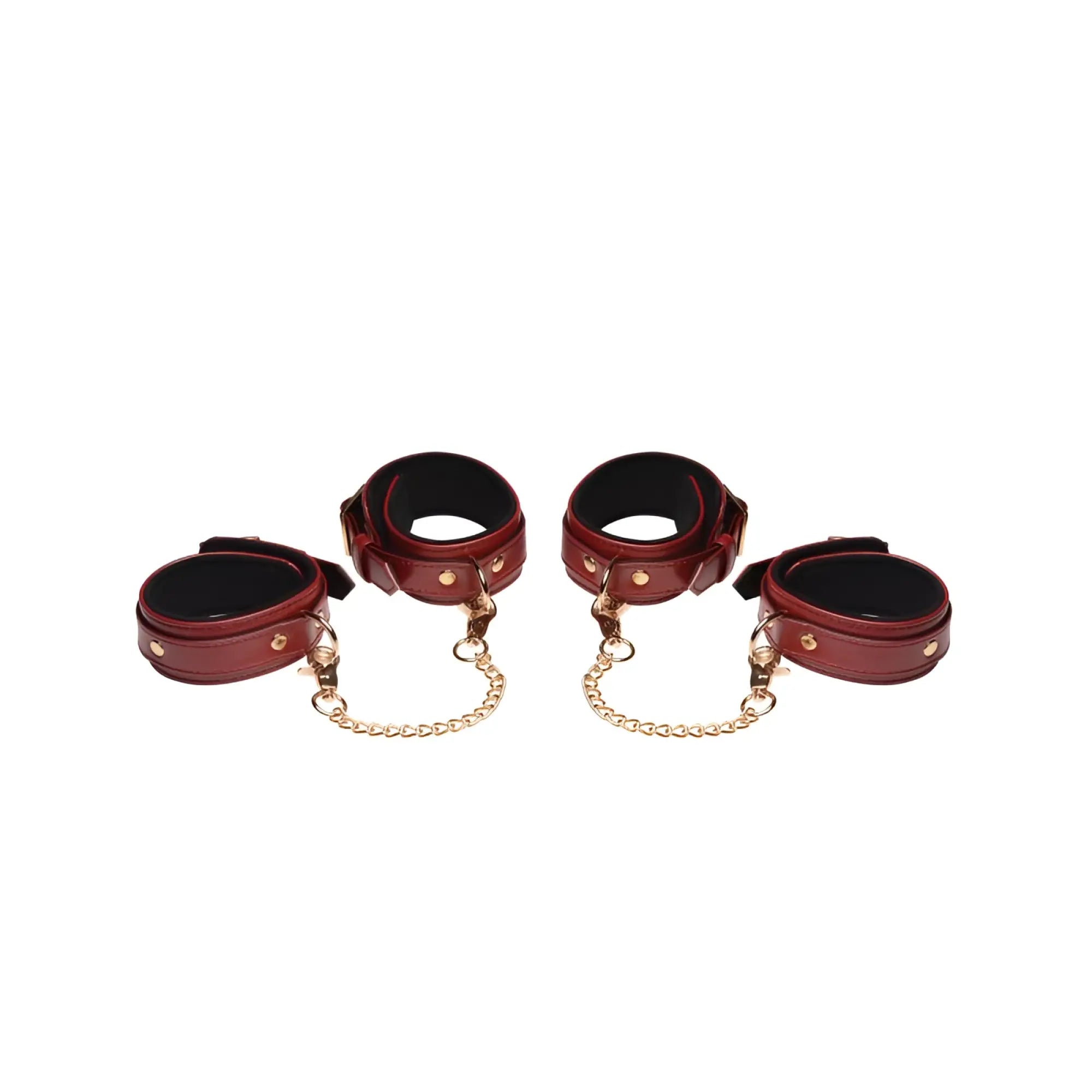 Set of four burgundy pu leather cuffs with gold-tone chains and hardware from master series bondage set