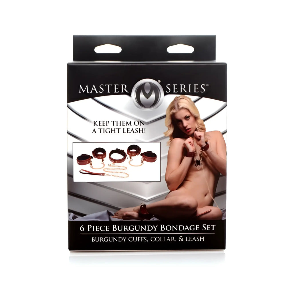 Master series 6 pc pu leather bondage set in burgundy with gold toned hardware including cuffs collar and leash
