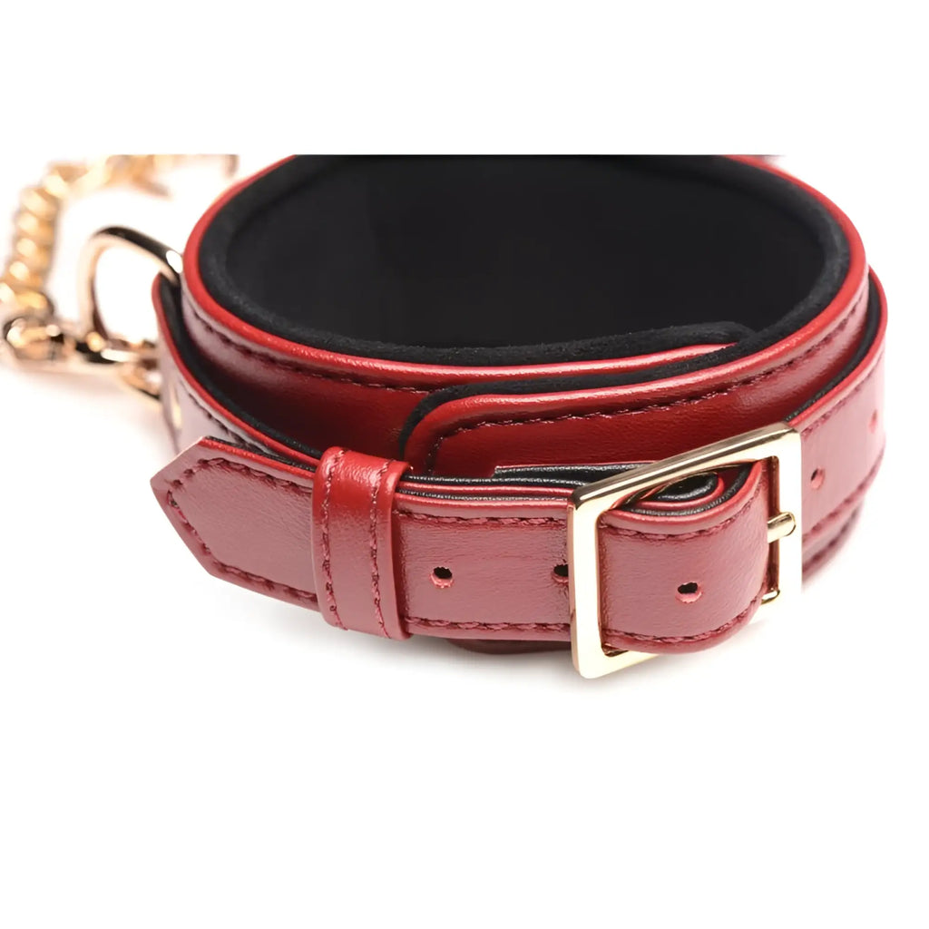 Red leather collar with gold tone buckle and chain attachment from master series 6 pc pu leather bondage set burgundy