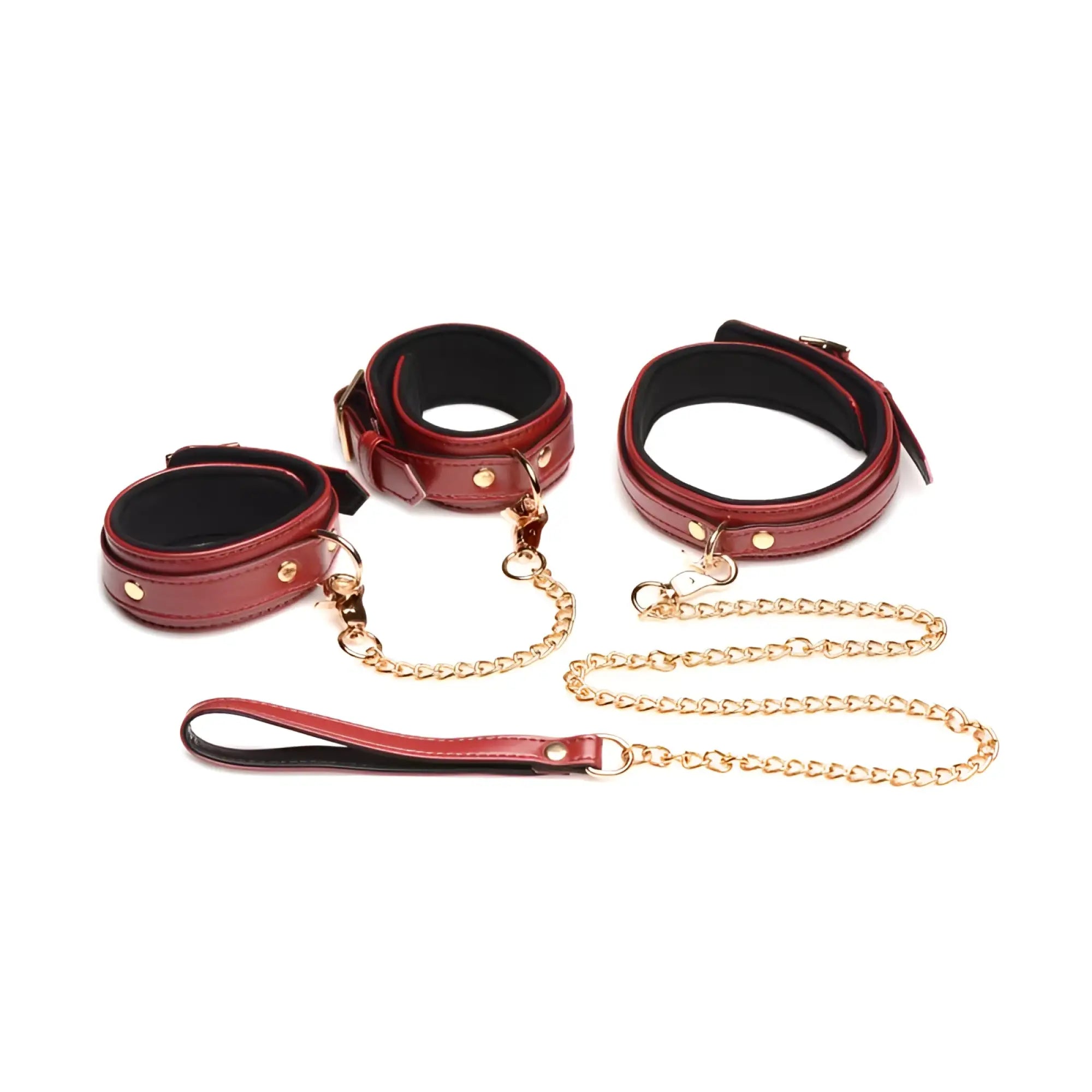 Master series 6 pc burgundy red leather bondage set with gold toned chains and matching leash in pu leather