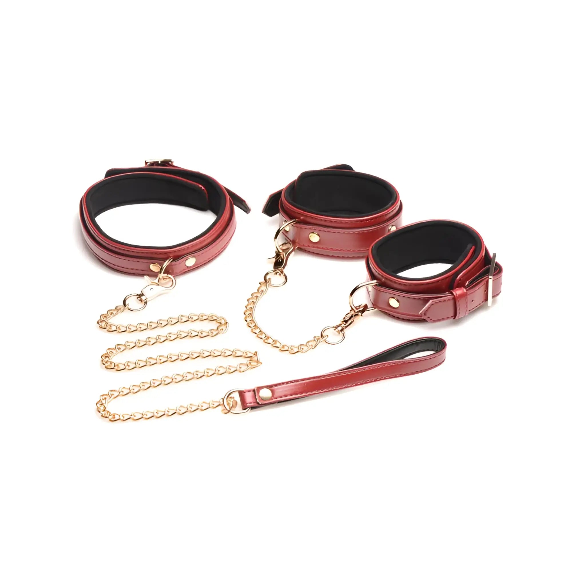 Red leather bondage set burgundy with gold toned chains and matching leash made of pu leather in six pieces