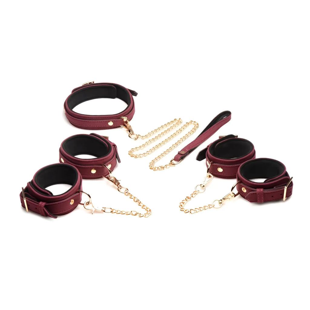 Master series 6 pc velvet bondage set burgundy in maroon leather with gold toned chains and black interior padding