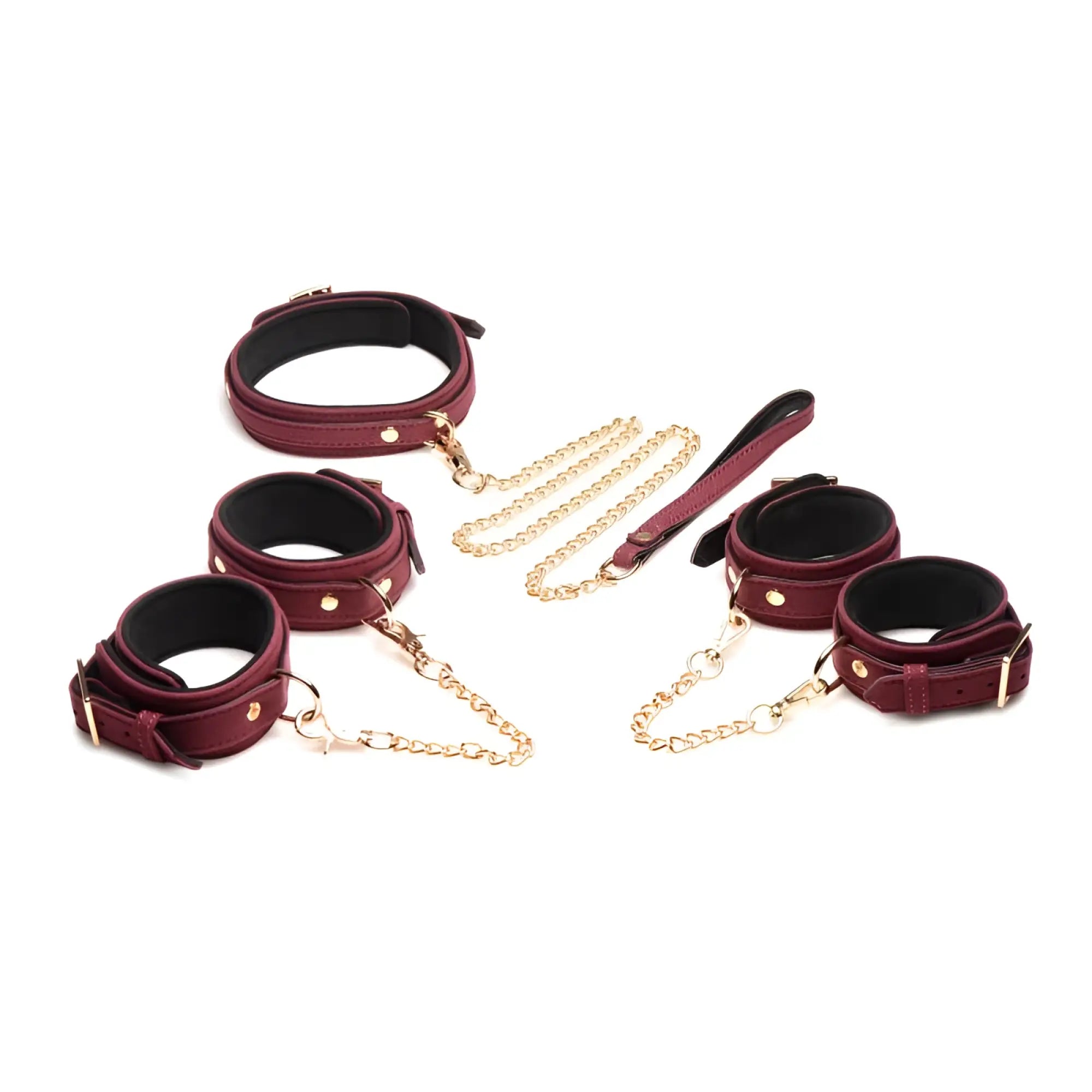 Master series 6 pc velvet bondage set burgundy in maroon leather with gold toned chains and black interior padding
