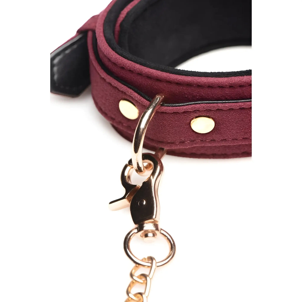 Maroon suede collar with black inner lining and gold-tone hardware from master series 6 pc velvet bondage set burgundy