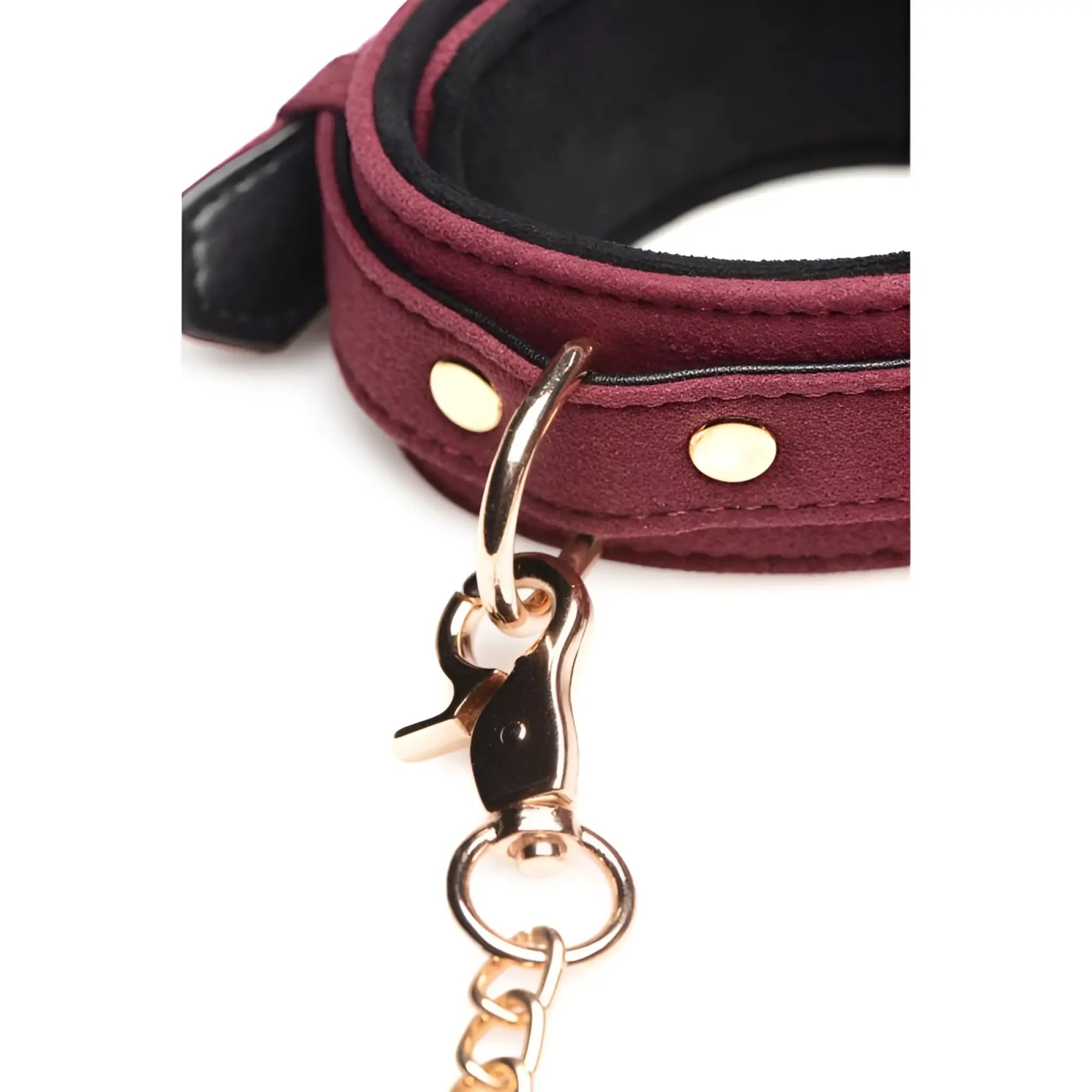 Maroon suede collar with black inner lining and gold-tone hardware from master series 6 pc velvet bondage set burgundy