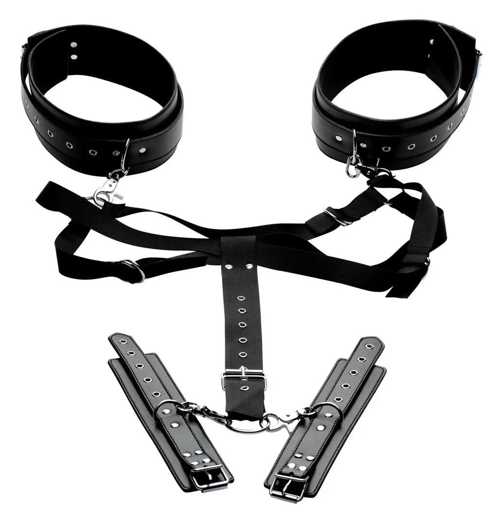 Black leather bondage thigh harness with metal hardware and adjustable straps from master series acquire easy access set