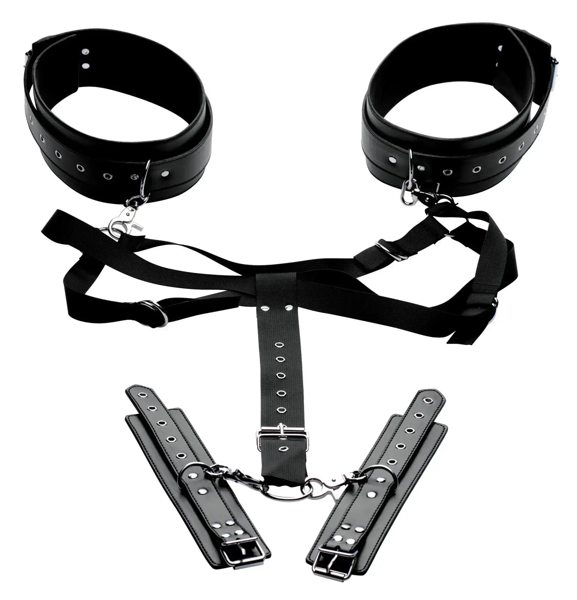 Black leather bondage thigh harness with metal hardware and adjustable straps from master series acquire easy access set