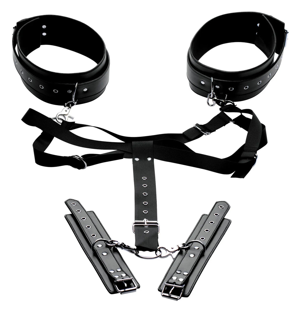 Black leather bondage thigh harness with metal hardware and adjustable straps from master series acquire easy access set