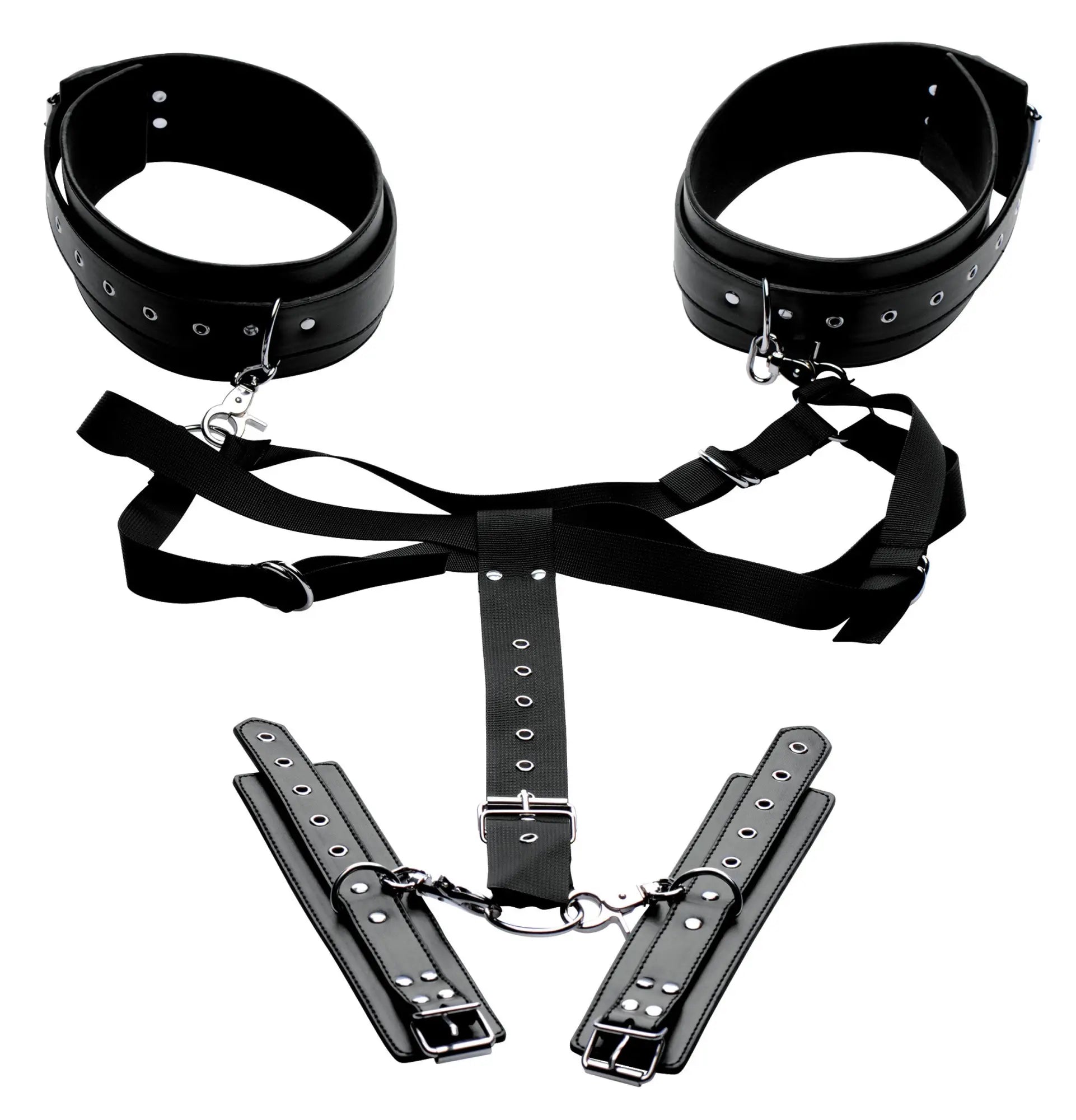 Black leather bondage thigh harness with metal hardware and adjustable straps from master series acquire easy access set