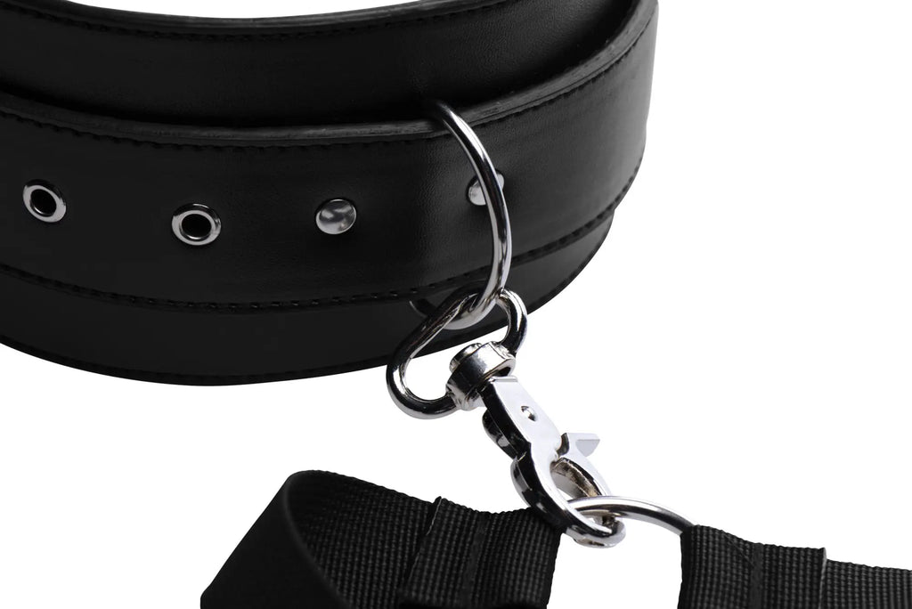 Black leather thigh harness with silver metal hardware and detachable strap from master series acquire easy access collection