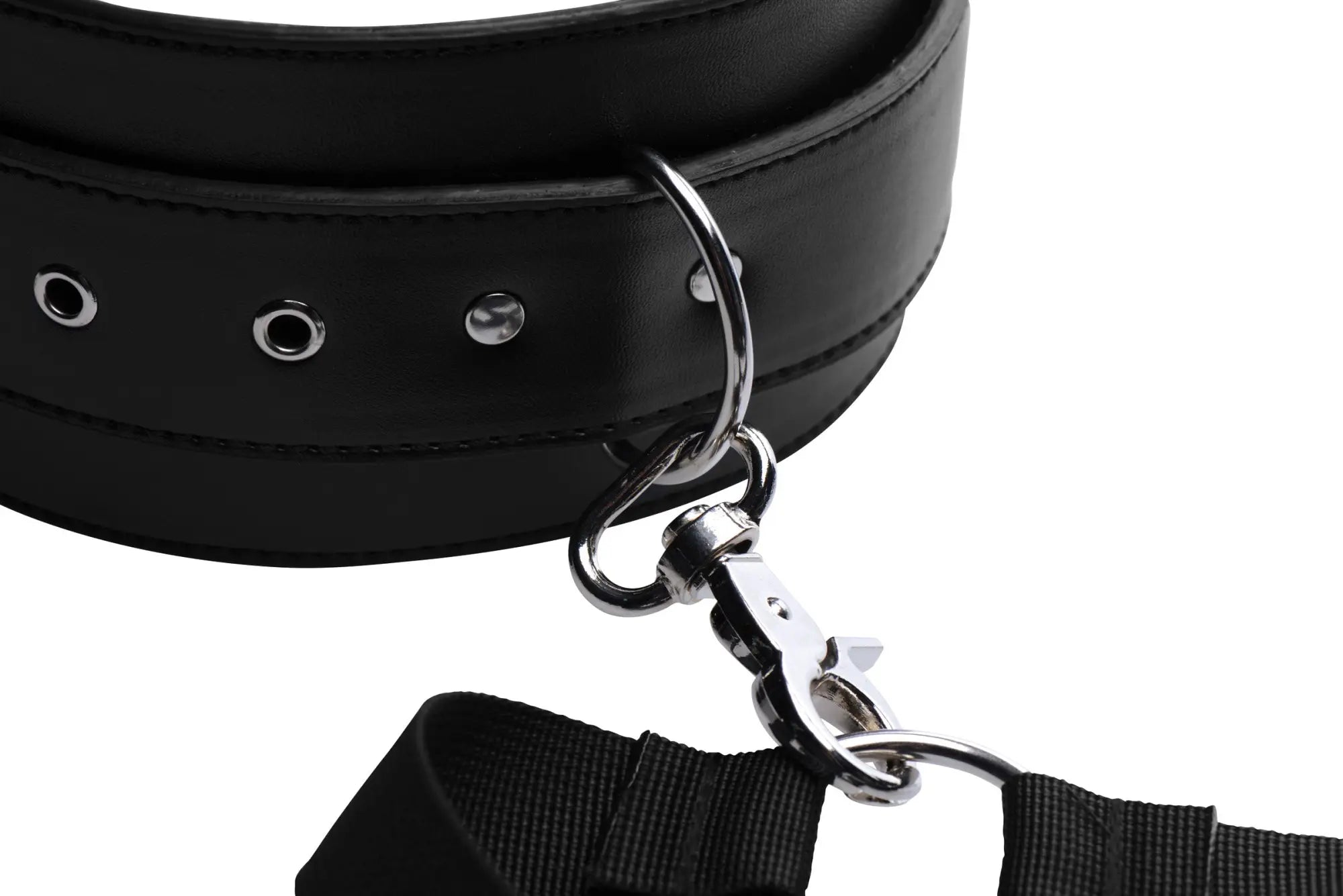 Black leather thigh harness with silver metal hardware and detachable strap from master series acquire easy access collection
