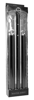Black master series adjustable steel spreader bar with silver caps and rings packaged in a clear plastic box