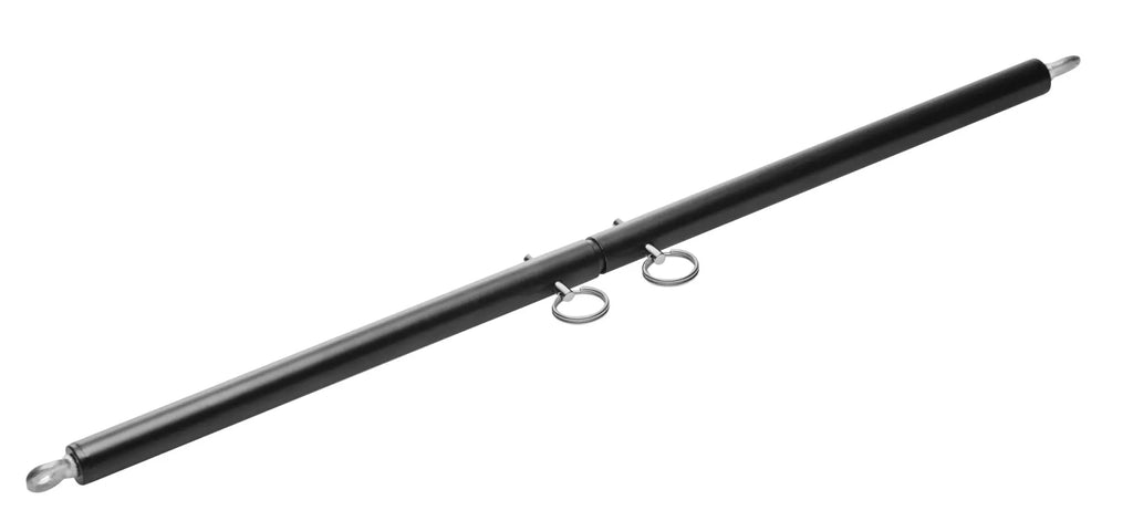 Black metal adjustable steel spreader bar with three silver rings and capped ends in master series design