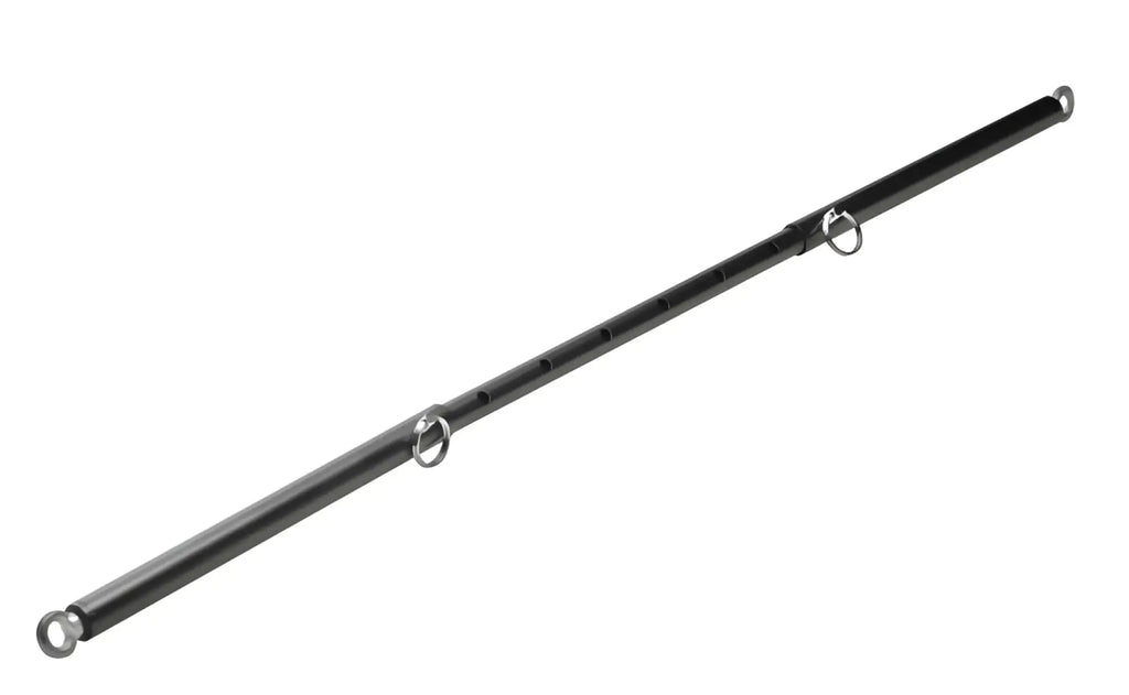 Black metal master series adjustable steel spreader bar with three evenly spaced silver rings for versatile use