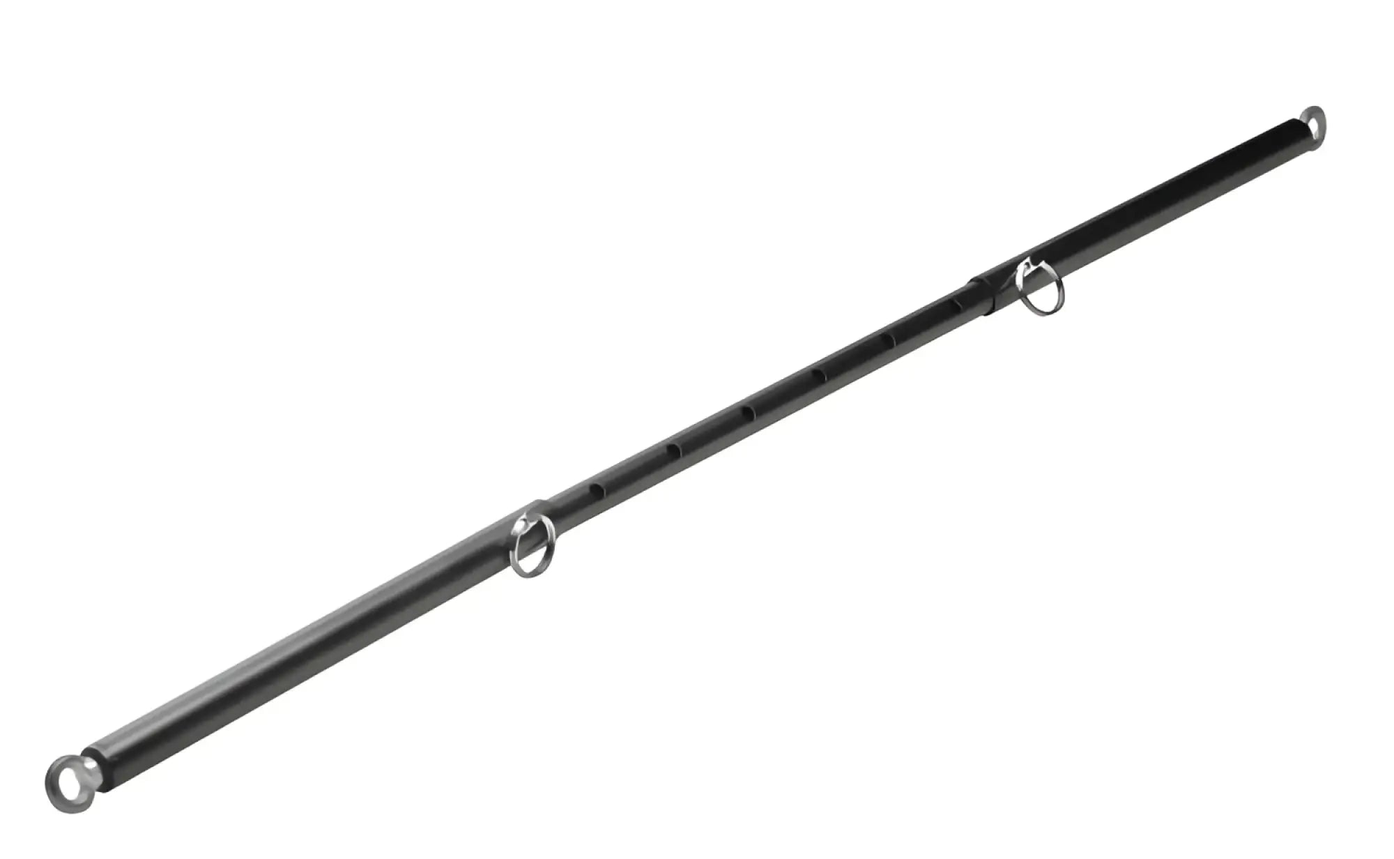 Black metal master series adjustable steel spreader bar with three evenly spaced silver rings for versatile use