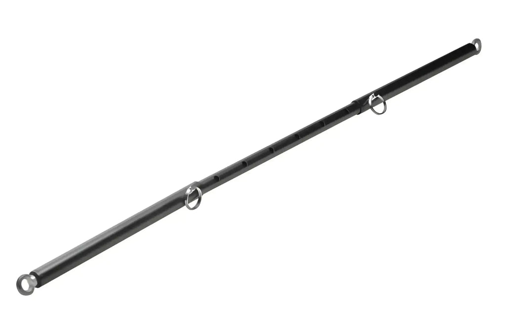 Black metal master series adjustable steel spreader bar with three evenly spaced silver rings for versatile use