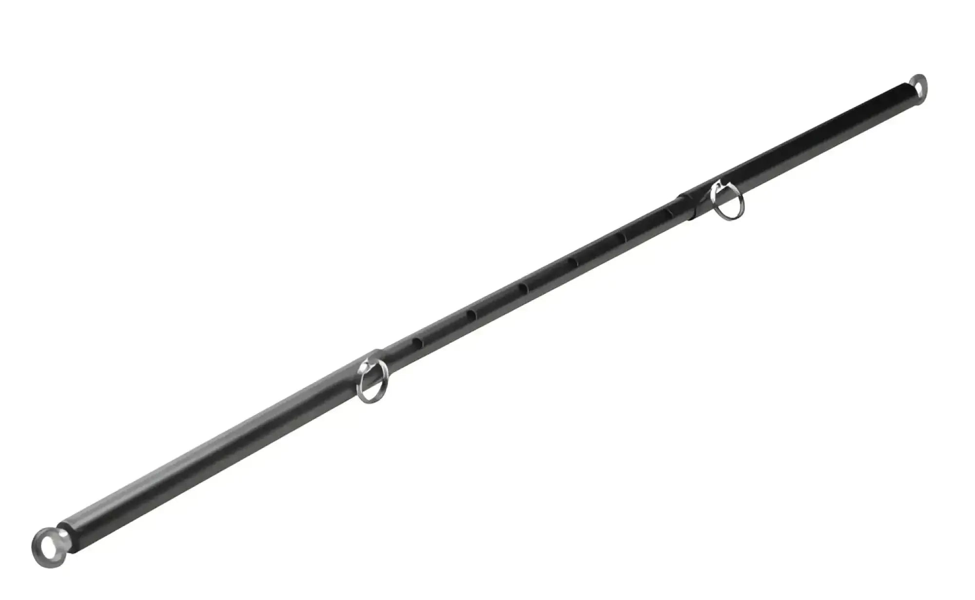 Black metal master series adjustable steel spreader bar with three evenly spaced silver rings for versatile use