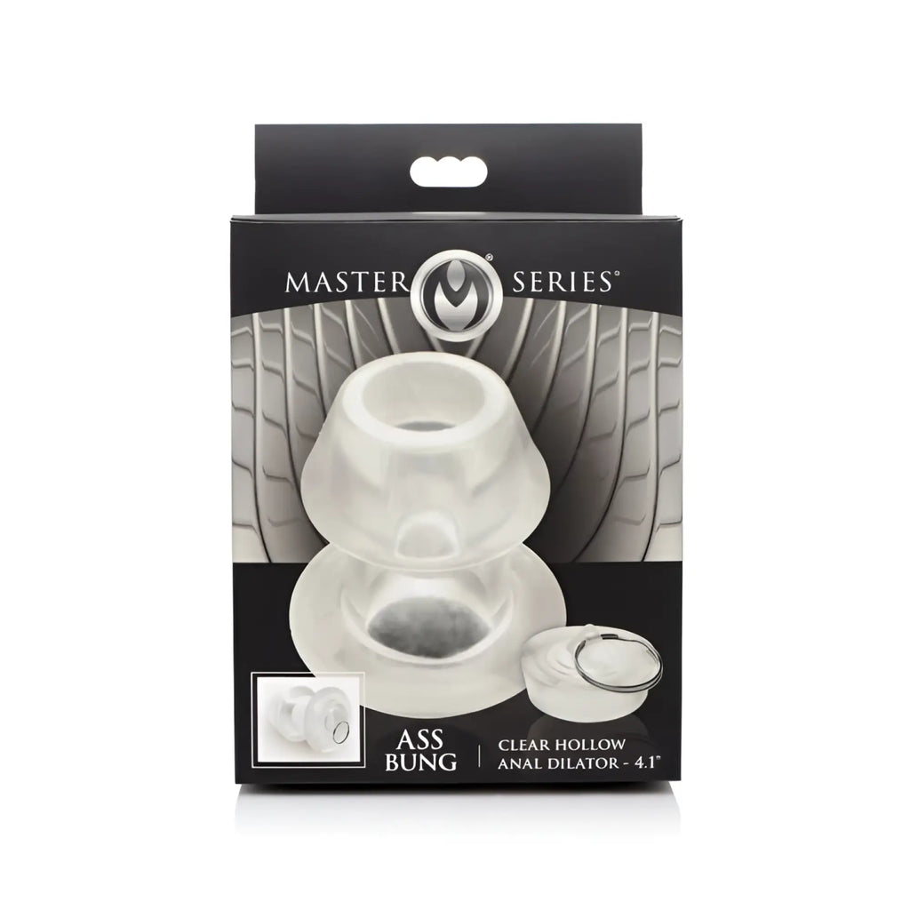 Clear plastic hollow anal dilator with bulbous design and flared base master series ass bung xl 4in