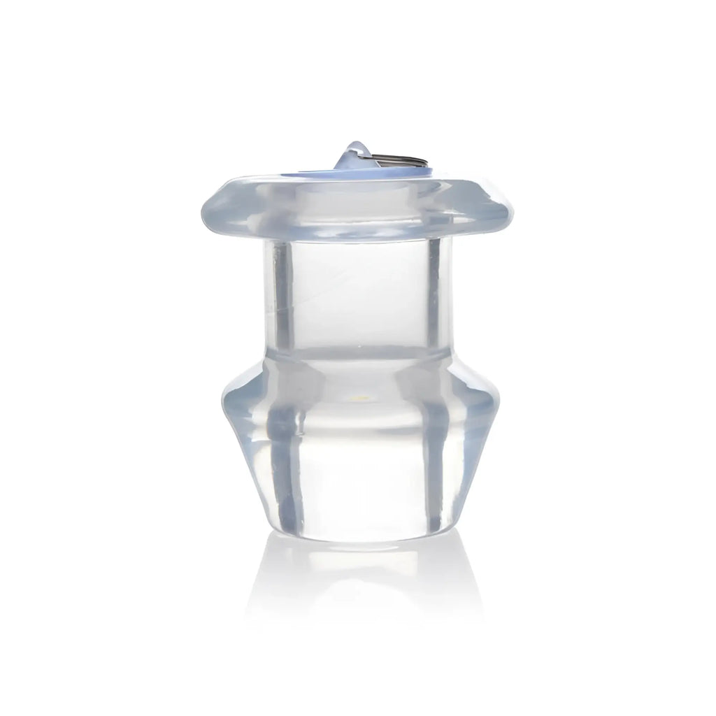 Master series clear hollow anal dilator xl showing clear plastic baby bottle nipple with small metal ring top