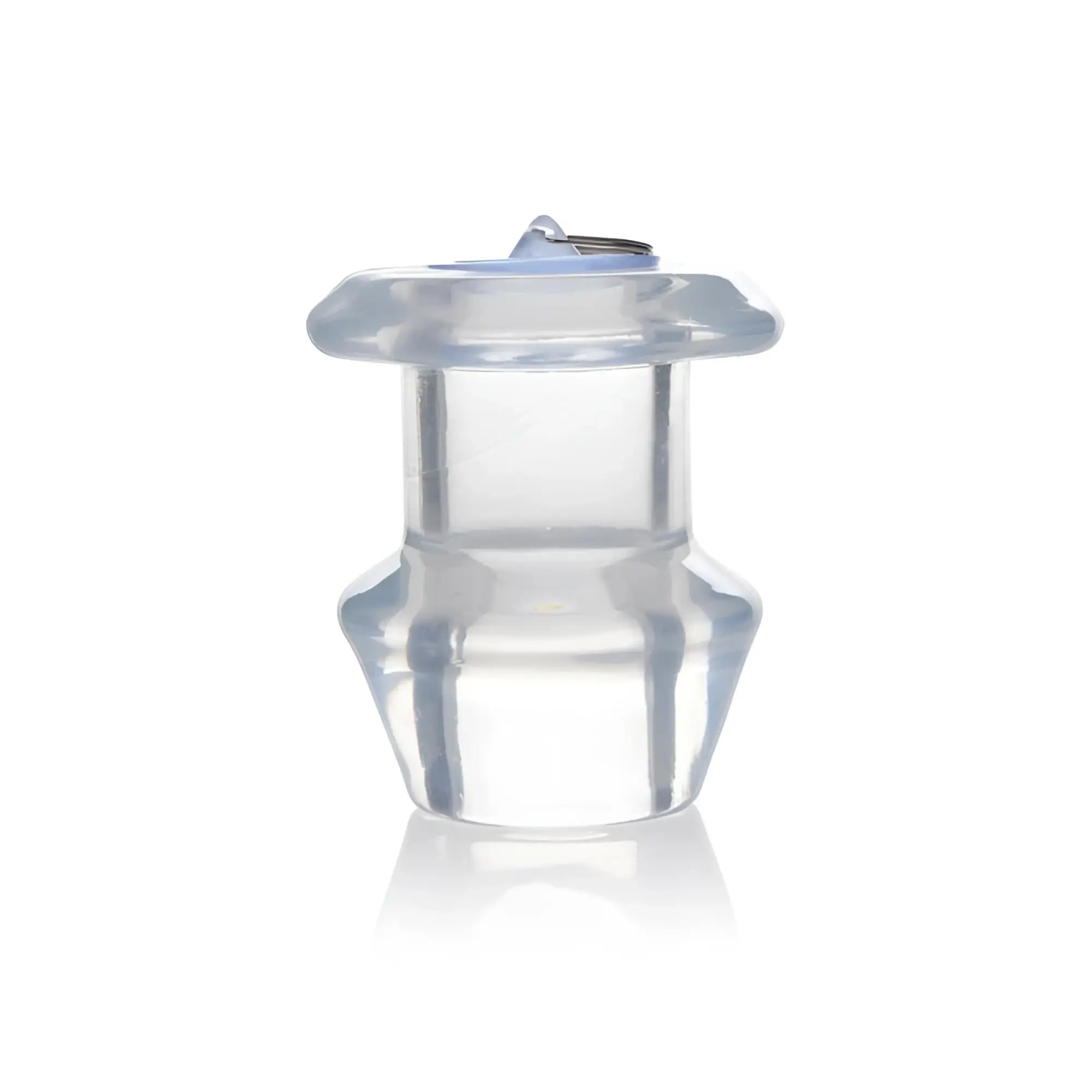 Master series clear hollow anal dilator xl showing clear plastic baby bottle nipple with small metal ring top