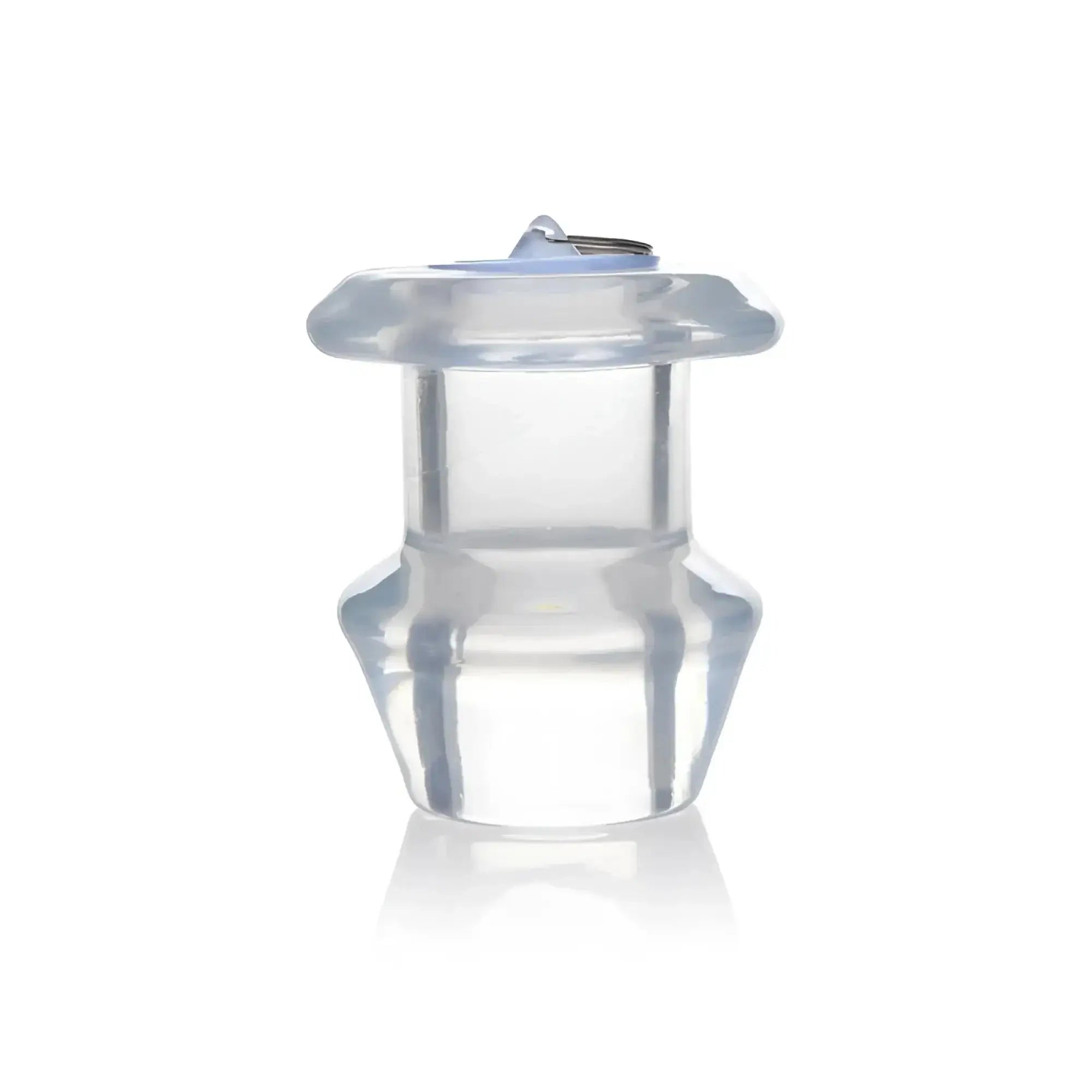 Master series clear hollow anal dilator xl showing clear plastic baby bottle nipple with small metal ring top
