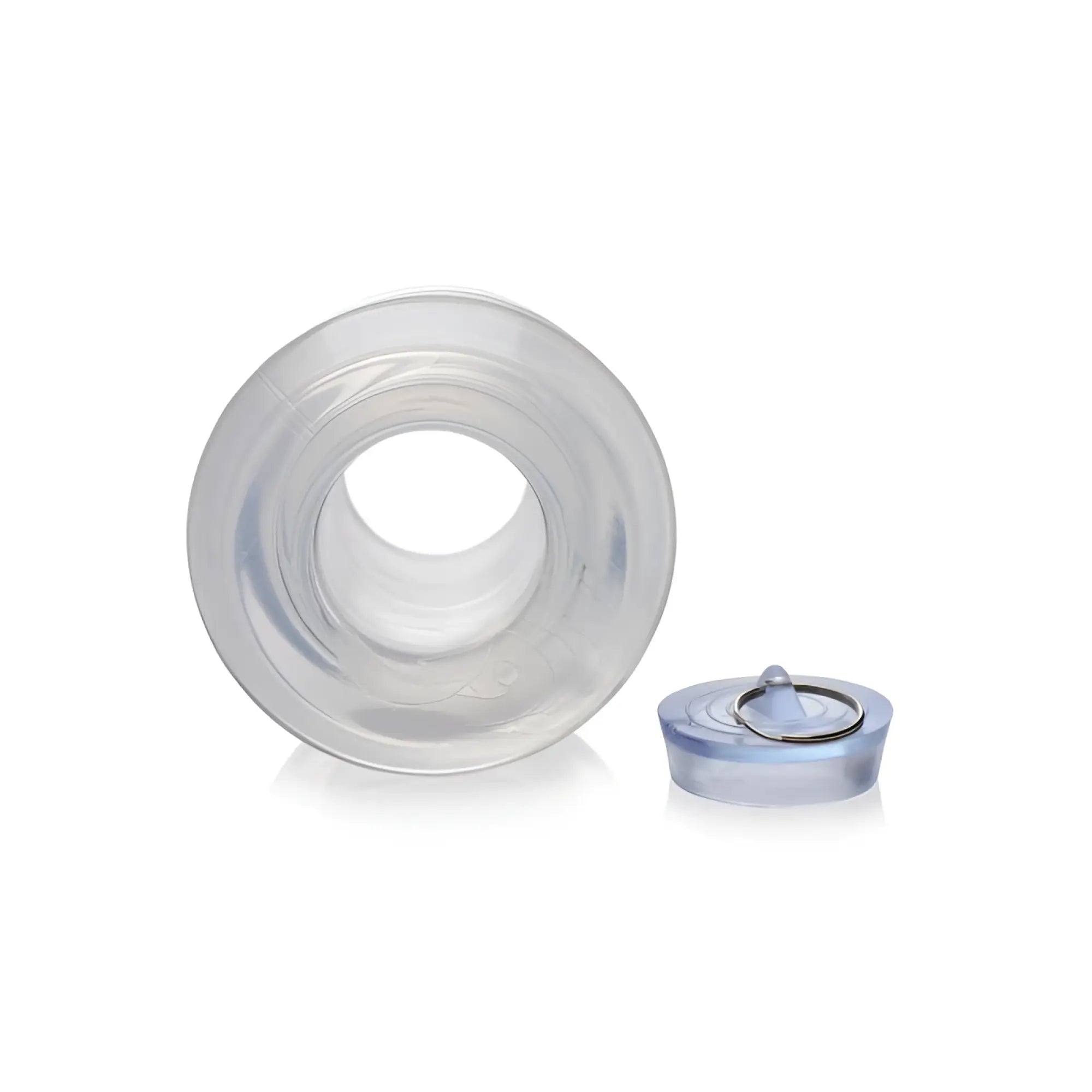 Clear silicone bath plug with translucent blue cap and silver metal ring for master series ass bung clear hollow xl anal dilator