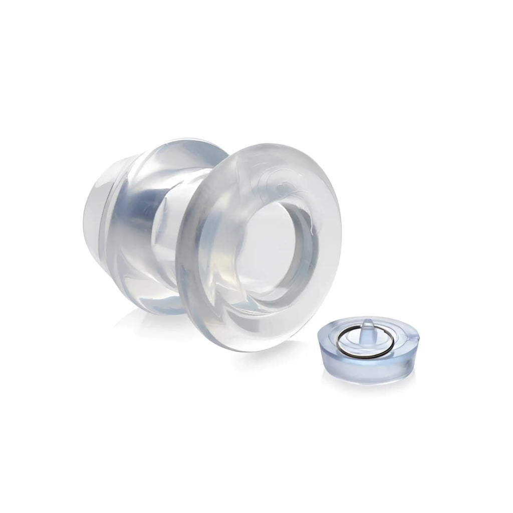 Clear silicone anal plug master series ass bung clear hollow anal dilator 4in x large with matching circular base cap