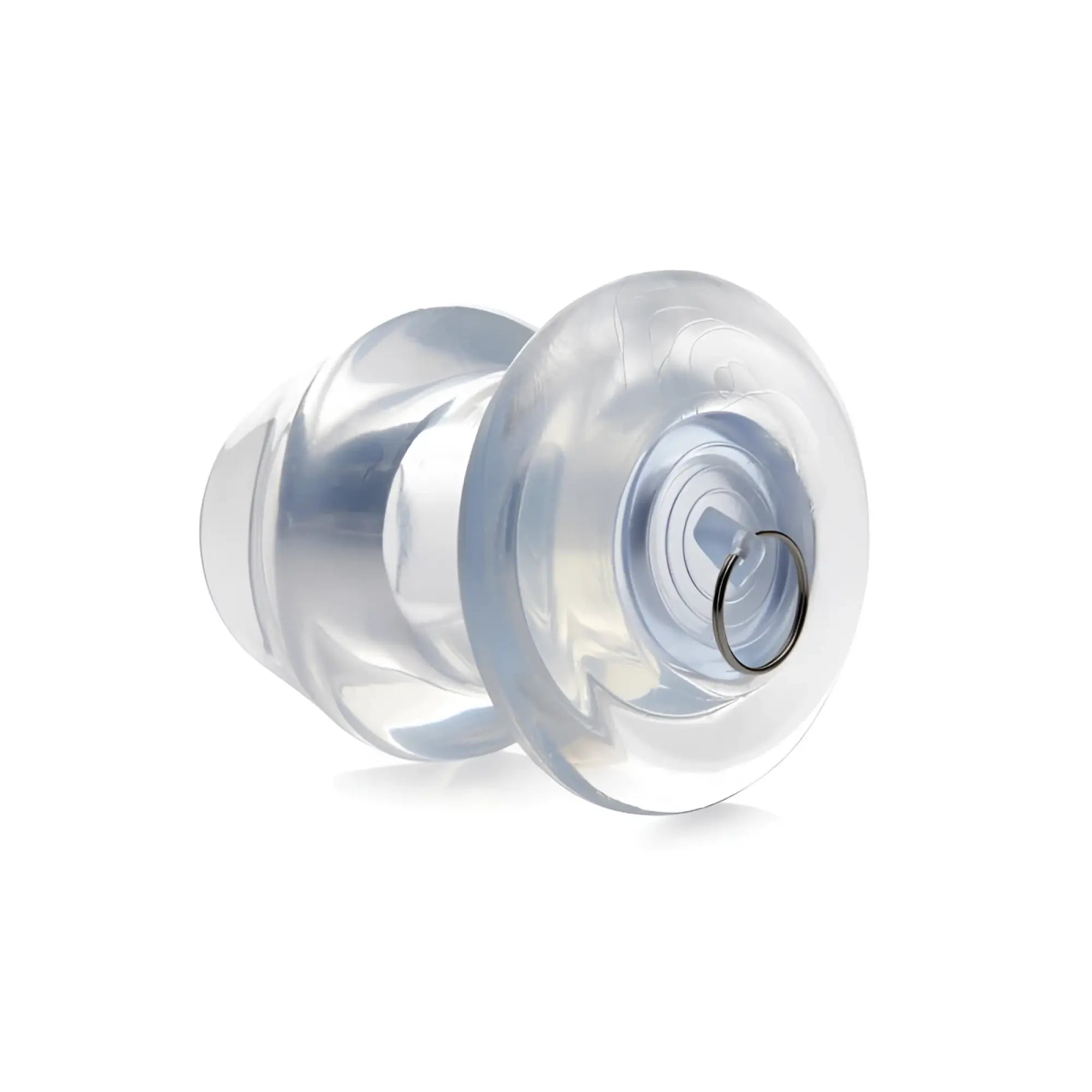 Clear silicone anal plug with smooth rounded design and metallic ring base master series ass bung xl 4 inch