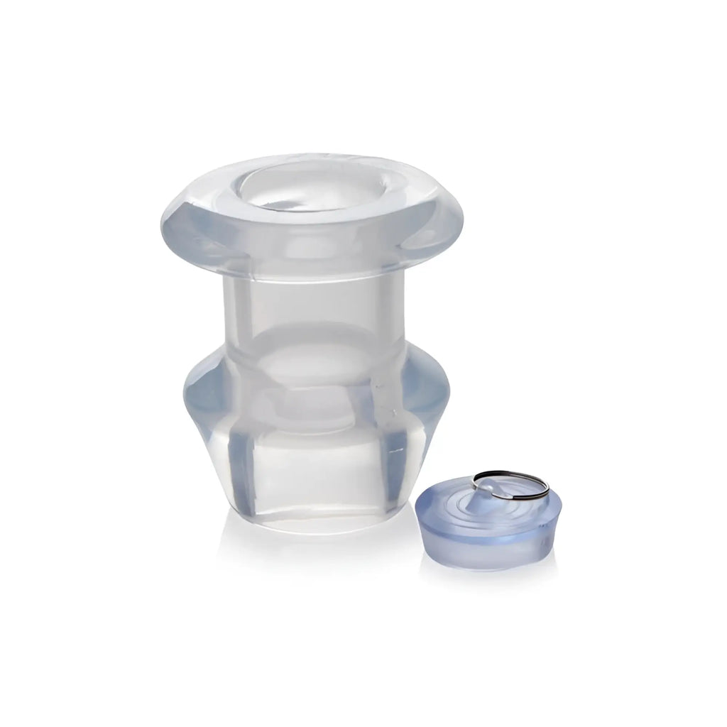 Master series ass bung clear hollow anal dilator 4in xl with transparent silicone body blue cap and metallic ring
