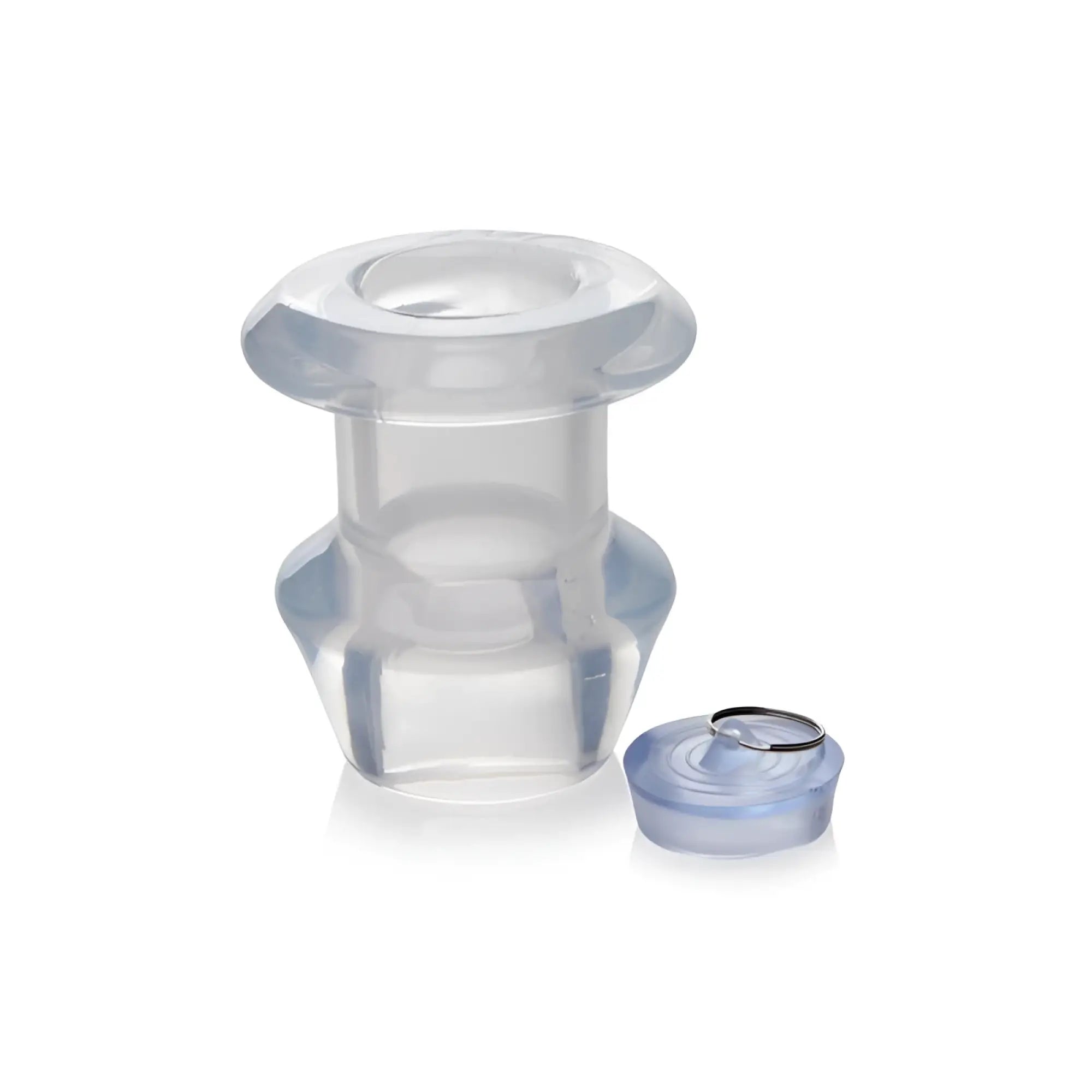 Master series ass bung clear hollow anal dilator 4in xl with transparent silicone body blue cap and metallic ring