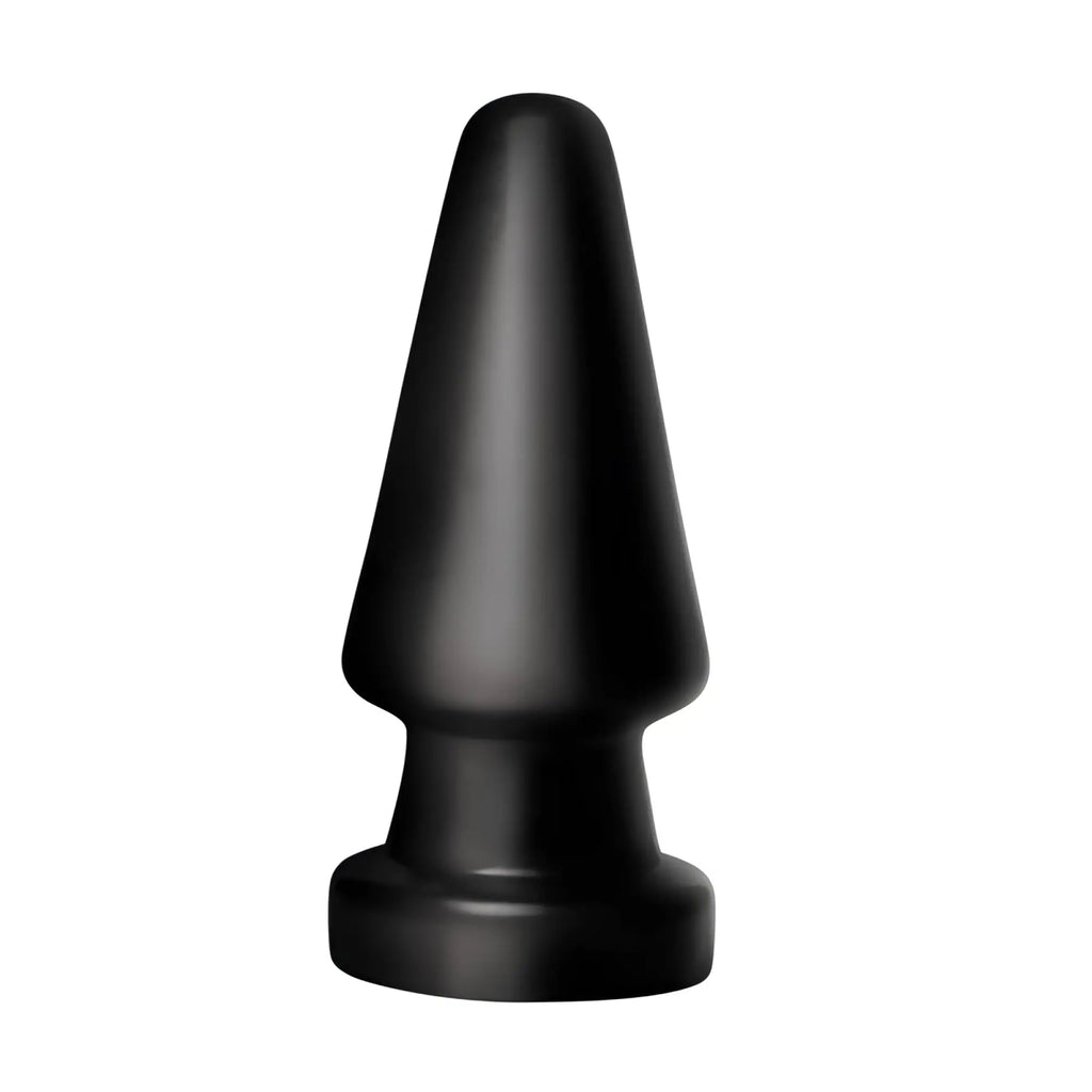 Black matte silicone anal plug with tapered design and rounded base from master series ass max plug large black l