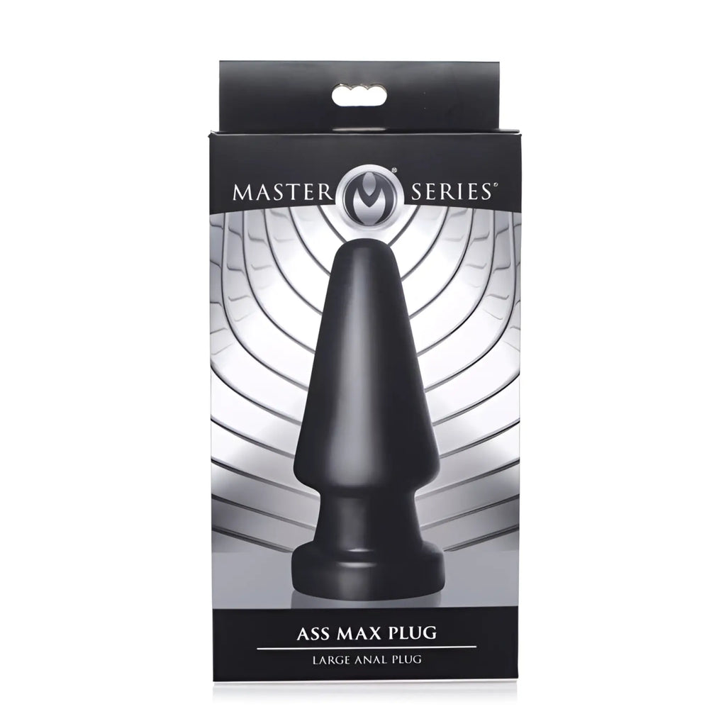 Black silicone master series ass max plug large anal plug shown from the back side for advanced use