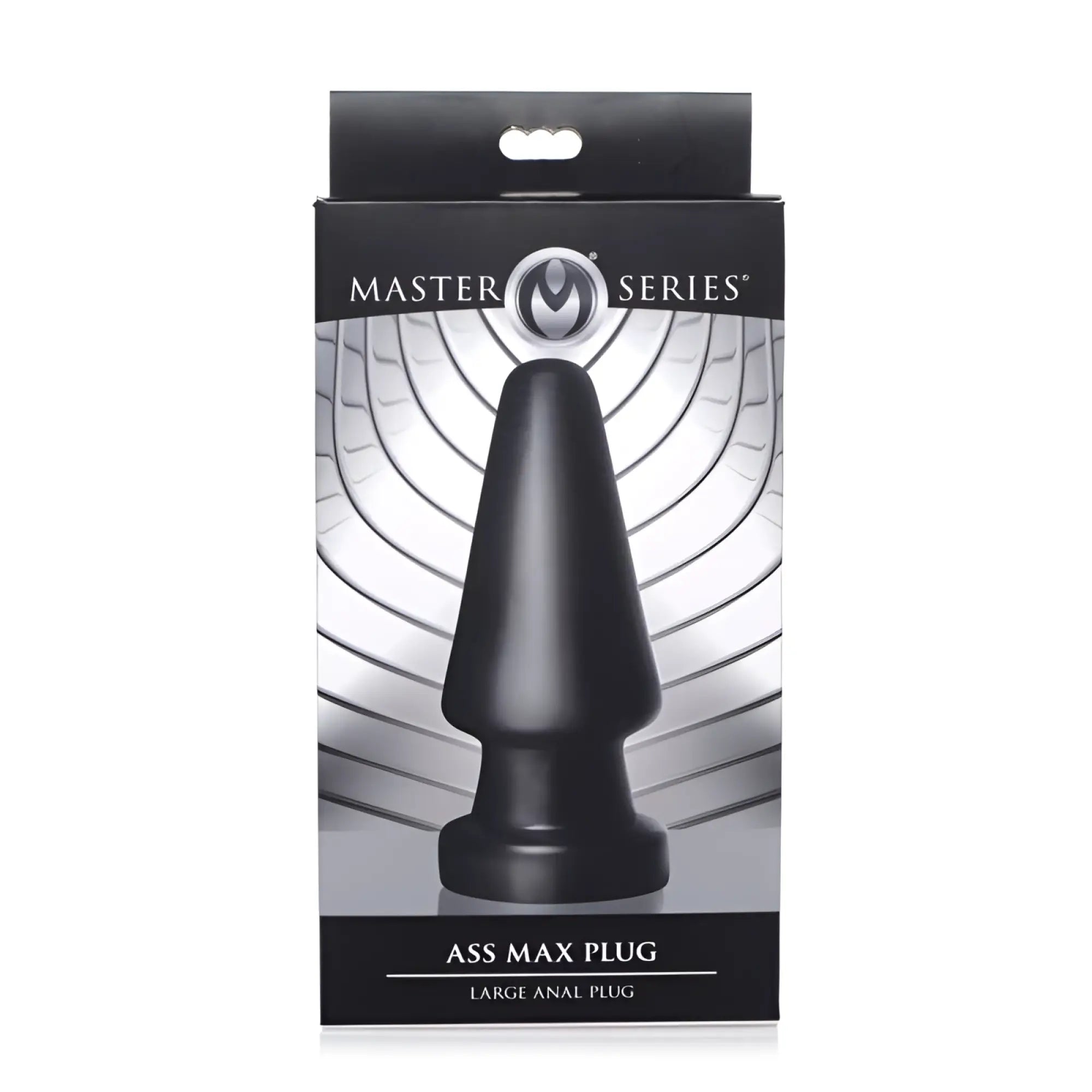 Black silicone master series ass max plug large anal plug shown from the back side for advanced use