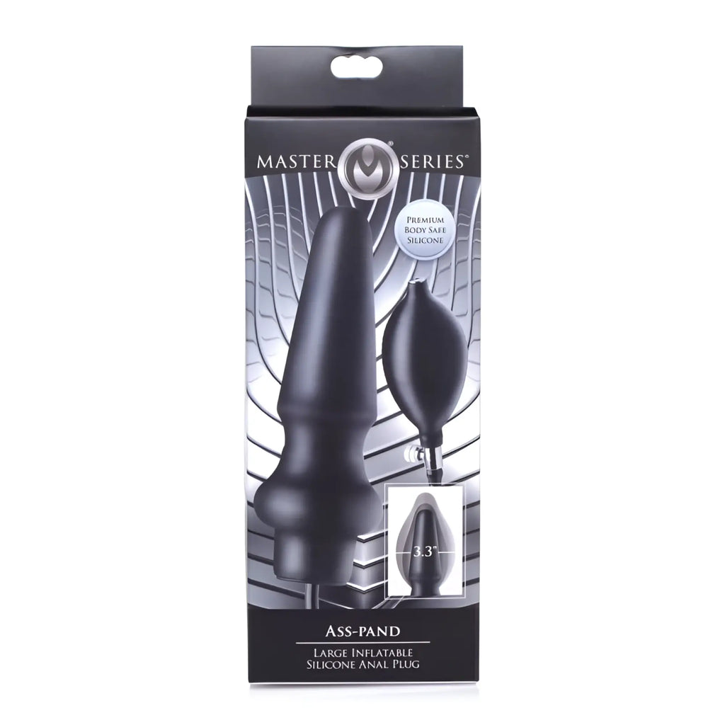 Black silicone inflatable anal plug with attached pump from master series ass pand for large size use